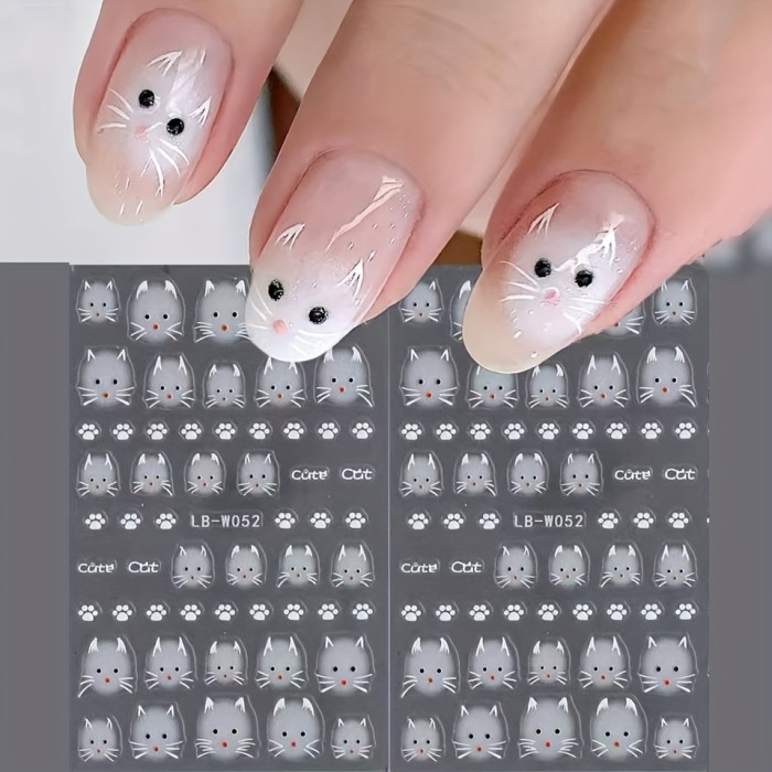 2-Pack Cartoon Cat Nail Decals, Animal Theme, Plastic Self-Adhesive Nail Art, Embroidered Glossy Finish, Single-Use Oblong Emblems for Manicure, DIY Korean Y2K Cute Kitten Nail Embellishments