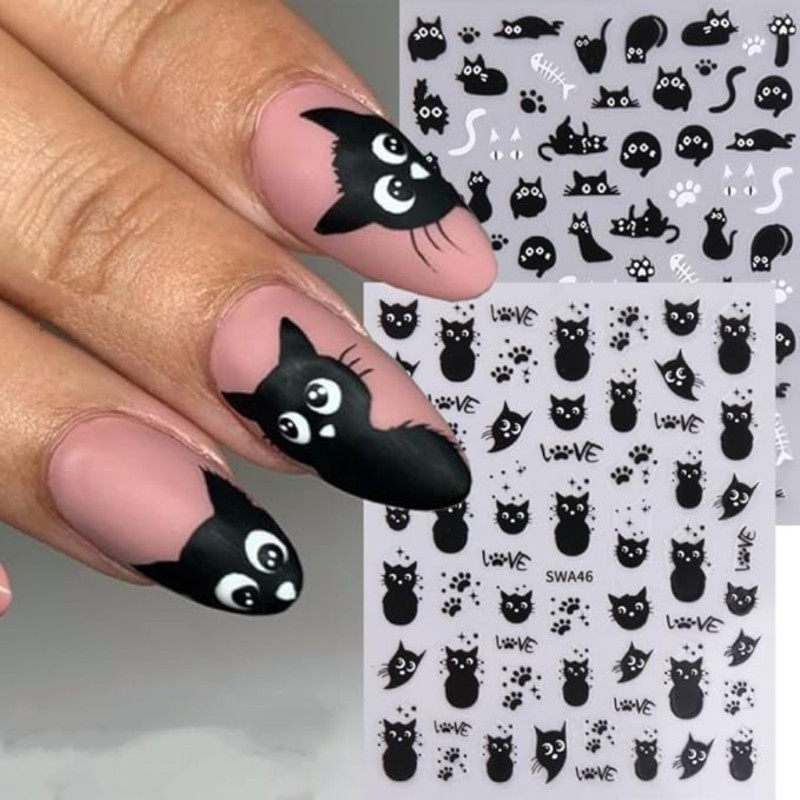 8 Black Cat Nail Art stickers 5D Cat embossed Nail stickers Cute black cat claws summer nail design, nail stickers for nail art decoration