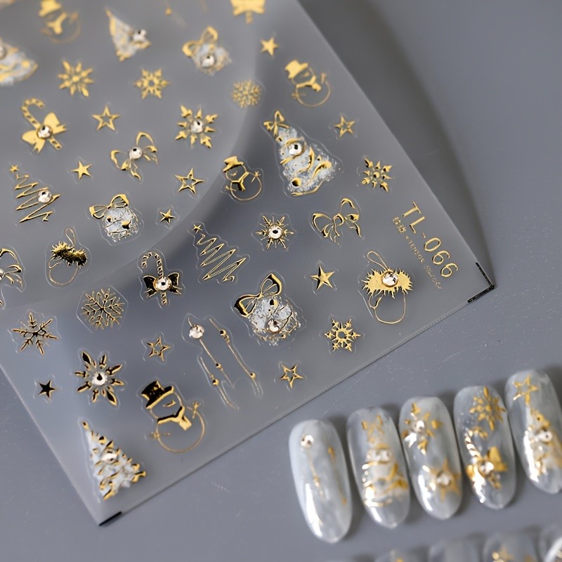 3D Self-Adhesive Nail Art Stickers - Glittery Golden Bronzing Christmas Nail Decals with Snowflake, Bowknot, Christmas Tree, Snowman Designs - Plastic Irregular Shaped Geometric Patterns, Shimmery Finish, Single Use, Unscented - Cartoon Themed Nail Art Supplies for Women and Girls