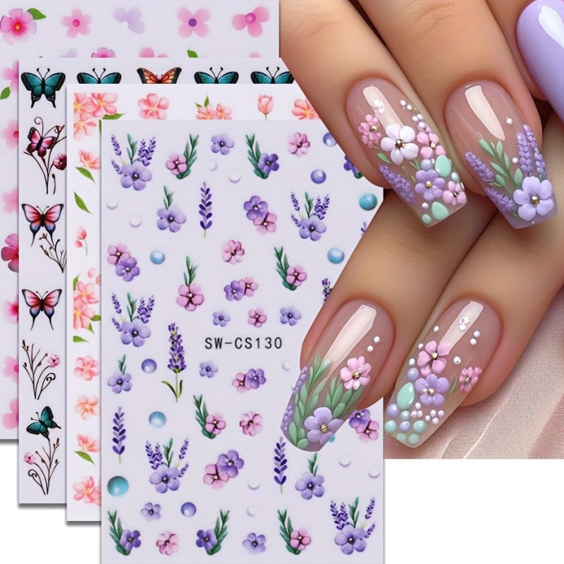 6Pcs Spring Flower Design Nail Stickers 3D Summer Butterfly Blooming Sliders Daisy Cherry Blossom Petal Manicure Decals