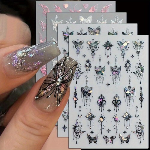 16pcs Metallic Silver Butterfly Nail Stickers 3D Laser Black Butterfly Nail Decals Aurora Butterfly Nail Art Stickers Pink Butterfly Stickers for Nails DIY Butterflies Nail Sticker Women Nail Supplies