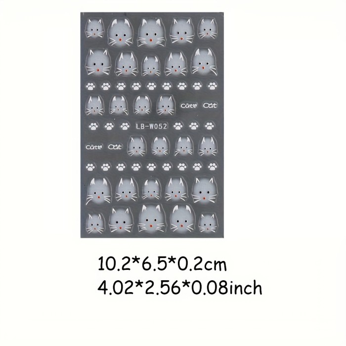 2-Pack Cartoon Cat Nail Decals, Animal Theme, Plastic Self-Adhesive Nail Art, Embroidered Glossy Finish, Single-Use Oblong Emblems for Manicure, DIY Korean Y2K Cute Kitten Nail Embellishments