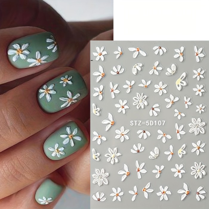 6pcs 5D Embossed Daisy Design Nail Art Sticker Set, 3D Acrylic Sanding Colorful Floral Decals, Self-Adhesive Nail Art Supplies For Women And Girls, DIY Manicure Supplies