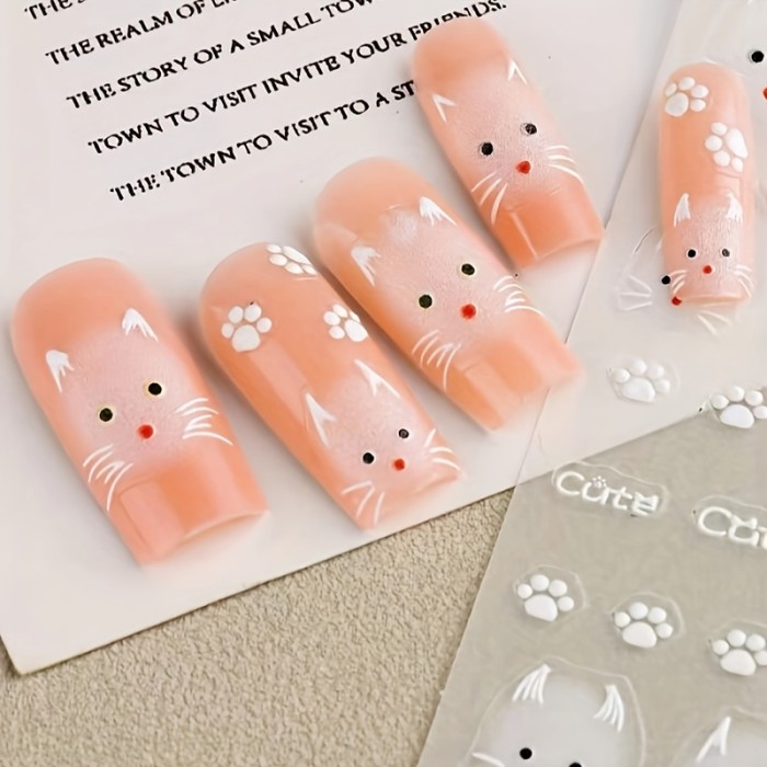 2-Pack Cartoon Cat Nail Decals, Animal Theme, Plastic Self-Adhesive Nail Art, Embroidered Glossy Finish, Single-Use Oblong Emblems for Manicure, DIY Korean Y2K Cute Kitten Nail Embellishments