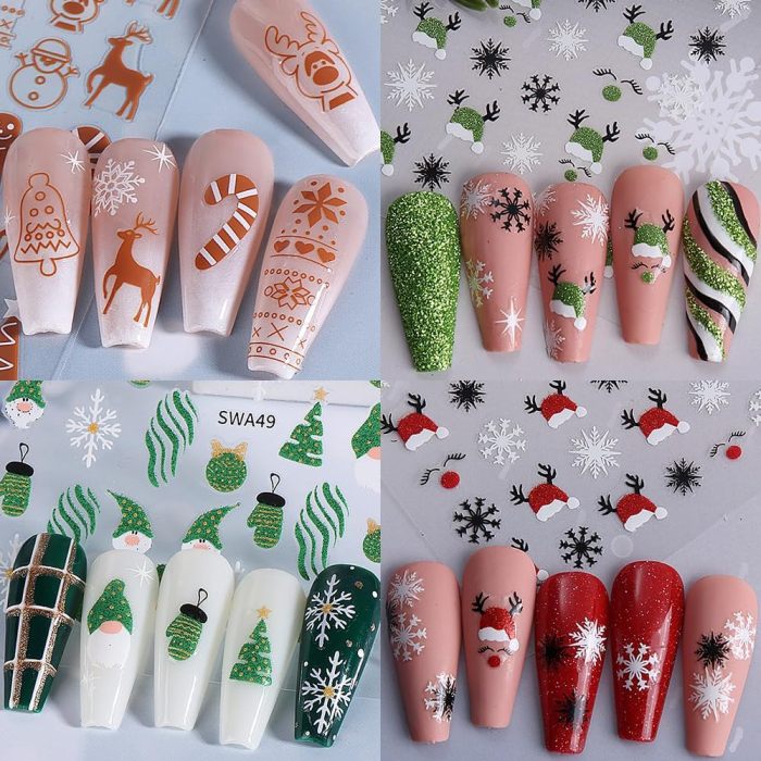 12 Sheets Christmas Nail Stickers, Winter Nail Decals 3D Self-Adhesive Red Green Snowflake Bell Xmas Tree Reindeer Winter Nail Design Holiday Nail Art Decoration for Women Girls