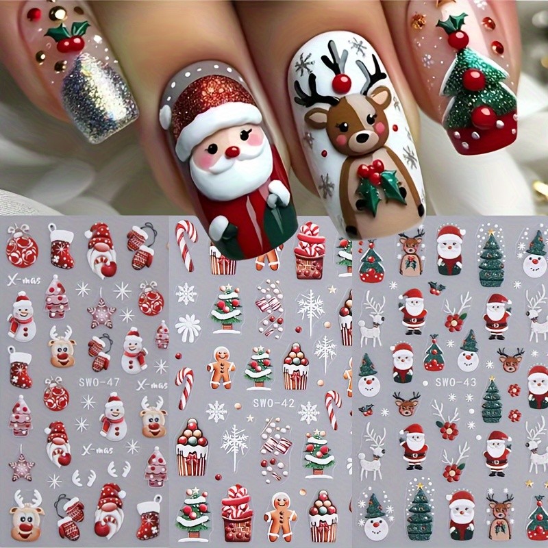 3 Christmas Nail Stickers, Cartoon Snowman Santa Claus Reindeer Christmas Nail Stickers, Snowflake Christmas Tree Christmas Nail Sticker Supplies