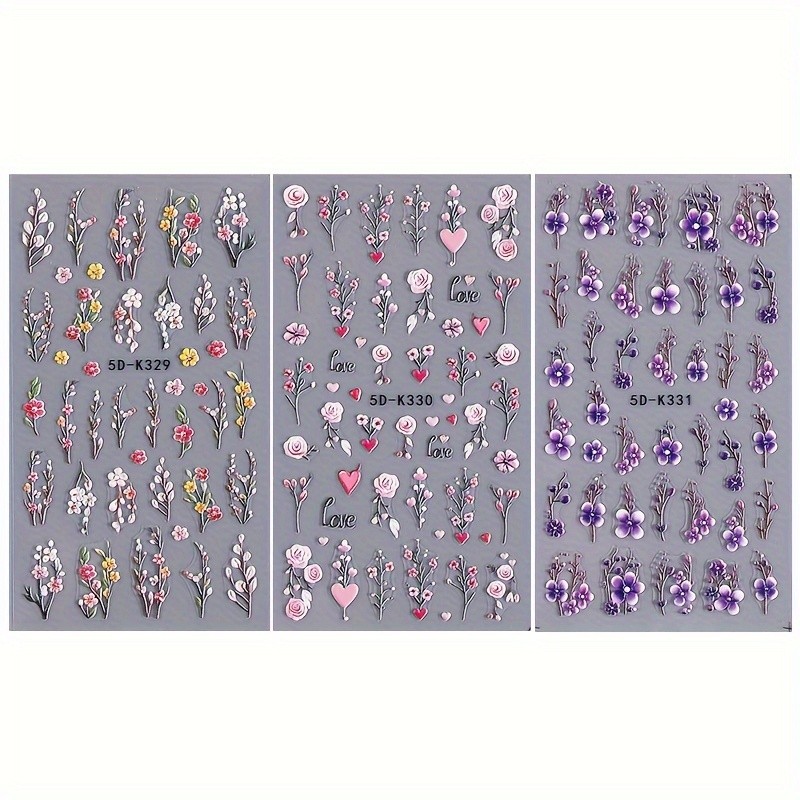 Trusted 3pcs 5D Embossed Floral Nail Art Stickers - Valentine's Day Rose & Daisy Designs, Self-Adhesive Love Heart Decals for DIY Manicure, Sparkle Finish, No Scent, Perfect for Women and Girls