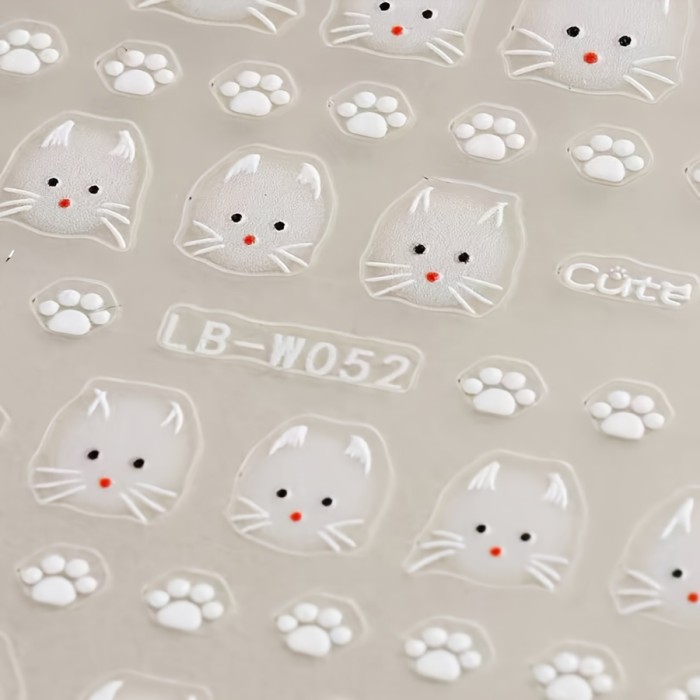 2-Pack Cartoon Cat Nail Decals, Animal Theme, Plastic Self-Adhesive Nail Art, Embroidered Glossy Finish, Single-Use Oblong Emblems for Manicure, DIY Korean Y2K Cute Kitten Nail Embellishments