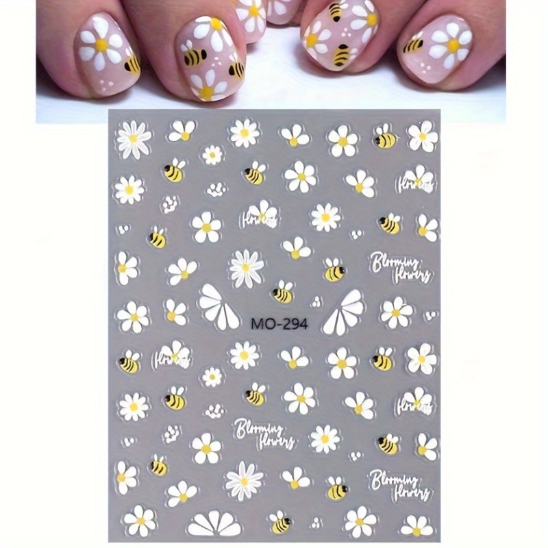 Bee & Daisy Nail Art Stickers 2-Pack, 3D Cartoon Floral Decals, Self-Adhesive Embroidered Plastic Nail Embellishments – Glossy Finish, Single Use Manicure Accessories for DIY Nail Decoration