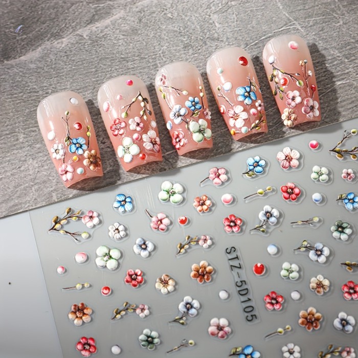 6pcs 5D Embossed Daisy Design Nail Art Sticker Set, 3D Acrylic Sanding Colorful Floral Decals, Self-Adhesive Nail Art Supplies For Women And Girls, DIY Manicure Supplies