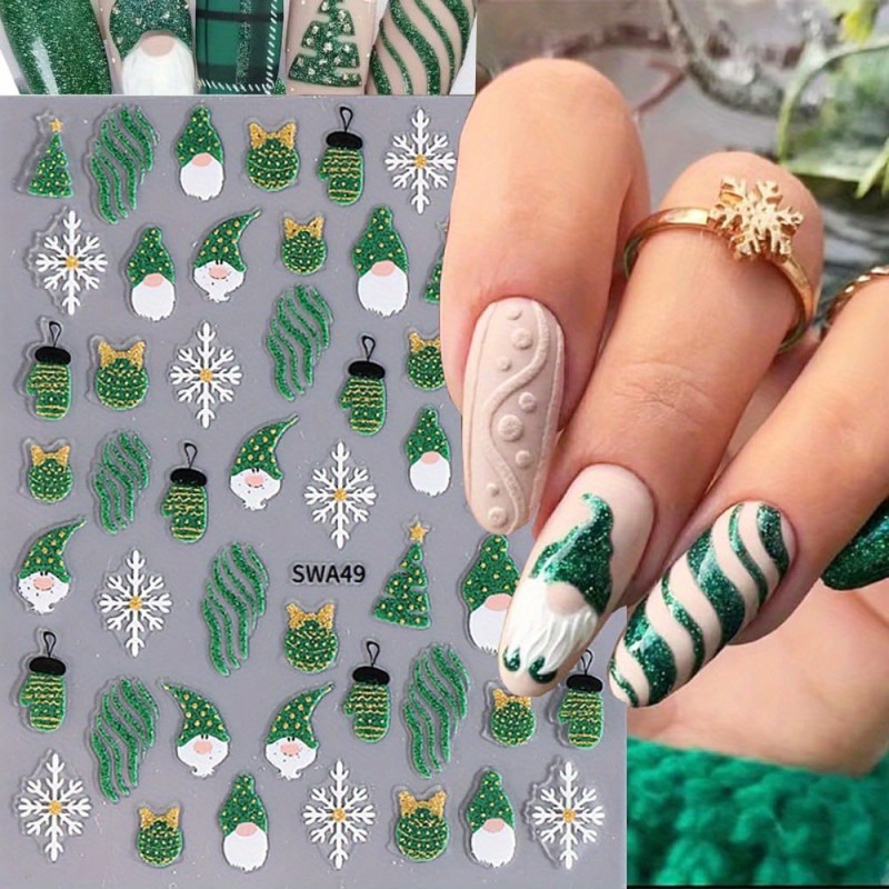 12 Sheets Christmas Nail Stickers, Winter Nail Decals 3D Self-Adhesive Red Green Snowflake Bell Xmas Tree Reindeer Winter Nail Design Holiday Nail Art Decoration for Women Girls
