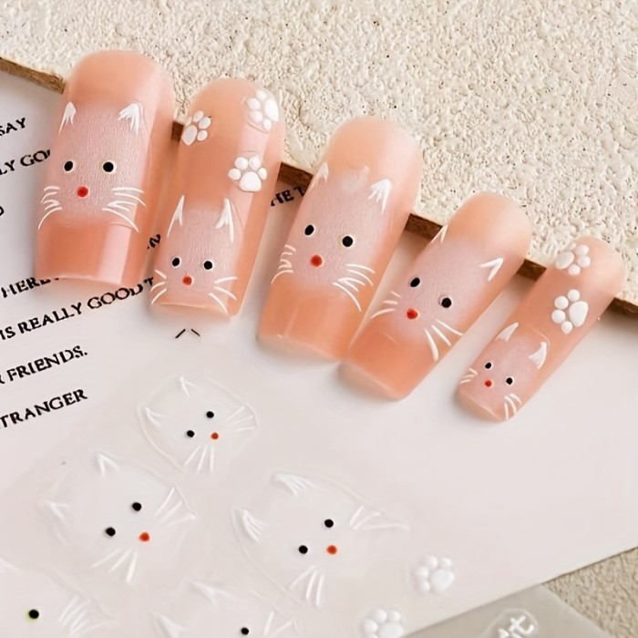 2-Pack Cartoon Cat Nail Decals, Animal Theme, Plastic Self-Adhesive Nail Art, Embroidered Glossy Finish, Single-Use Oblong Emblems for Manicure, DIY Korean Y2K Cute Kitten Nail Embellishments