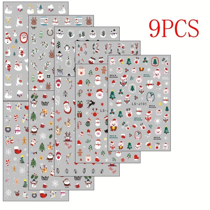 9 Sheet Christmas Nail Art Stickers, Santa Claus Snowflake Elk Christmas Tree Design Nail Art Decals, Self Adhesive Cartoon Nail Art Supplies For Women And Girls Gifts For Family