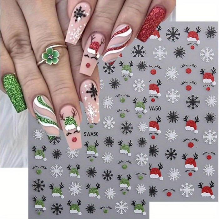 12 Sheets Christmas Nail Stickers, Winter Nail Decals 3D Self-Adhesive Red Green Snowflake Bell Xmas Tree Reindeer Winter Nail Design Holiday Nail Art Decoration for Women Girls