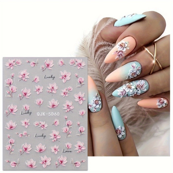 4 Sheet 5D Embossed Spring Flower Design Nail Art Stickers, Nail Art Decals For Nail Art Decoration, Self Adhesive Nail Art Supplies For Women And Girls Easter