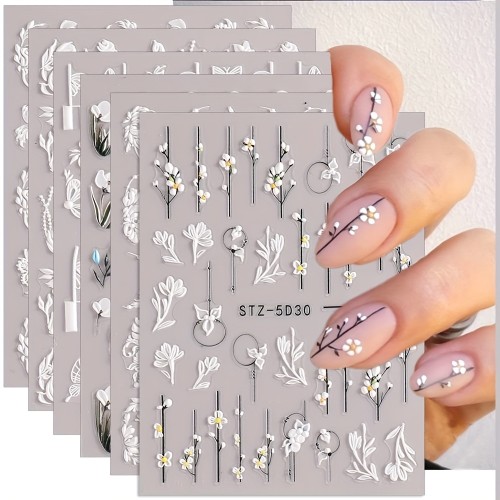 6 Sheets\u002Fset, 5D Embossed Camellia Nail Art Stickers, Self Adhesive Flower Butterfly Nail Art Decals Set For Nail Art Decoration, Nail Art Supplies Easter