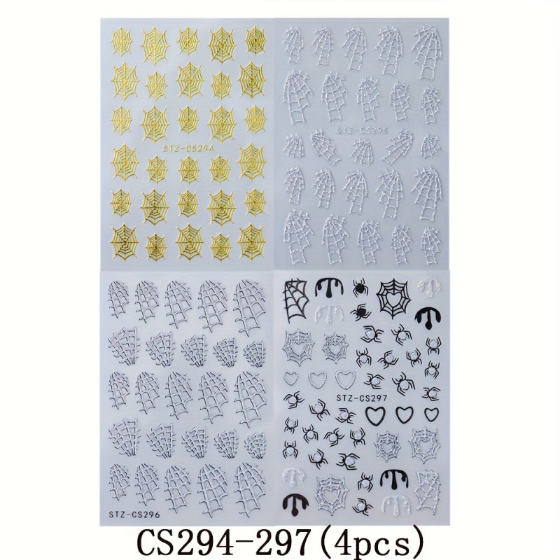 Halloween Nail Sticker Set-4 Self-adhesive 3D Acrylic Decals With Cobwebs, Hearts, Geometric Patterns-shiny Cartoon-themed Nail Decorations For Ladies And Girls-one-time Salon Quality Nail Accessories