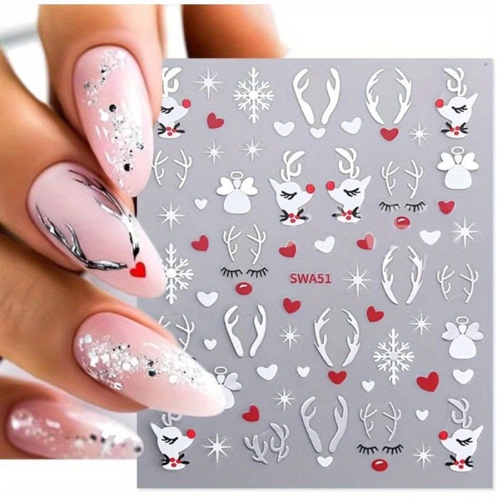12 Sheets Christmas Nail Stickers, Winter Nail Decals 3D Self-Adhesive Red Green Snowflake Bell Xmas Tree Reindeer Winter Nail Design Holiday Nail Art Decoration for Women Girls