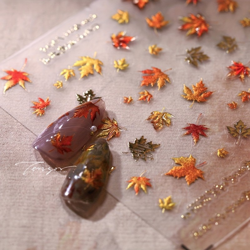 Autumn Leaves Nail Art Stickers, Embossed 3D Jelly Craft, Self-Adhesive Polyurethane Decals, Glossy Finish, Anime Themed, Floral Pattern, Single Use, for Manicure and Pedicure, Unscented