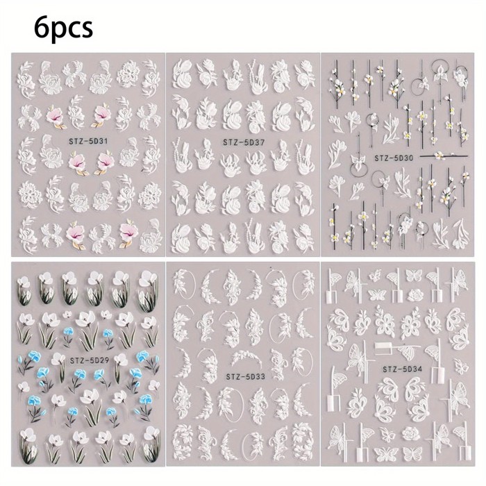 6 Sheets\u002Fset, 5D Embossed Camellia Nail Art Stickers, Self Adhesive Flower Butterfly Nail Art Decals Set For Nail Art Decoration, Nail Art Supplies Easter