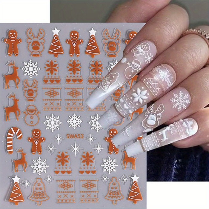 12 Sheets Christmas Nail Stickers, Winter Nail Decals 3D Self-Adhesive Red Green Snowflake Bell Xmas Tree Reindeer Winter Nail Design Holiday Nail Art Decoration for Women Girls