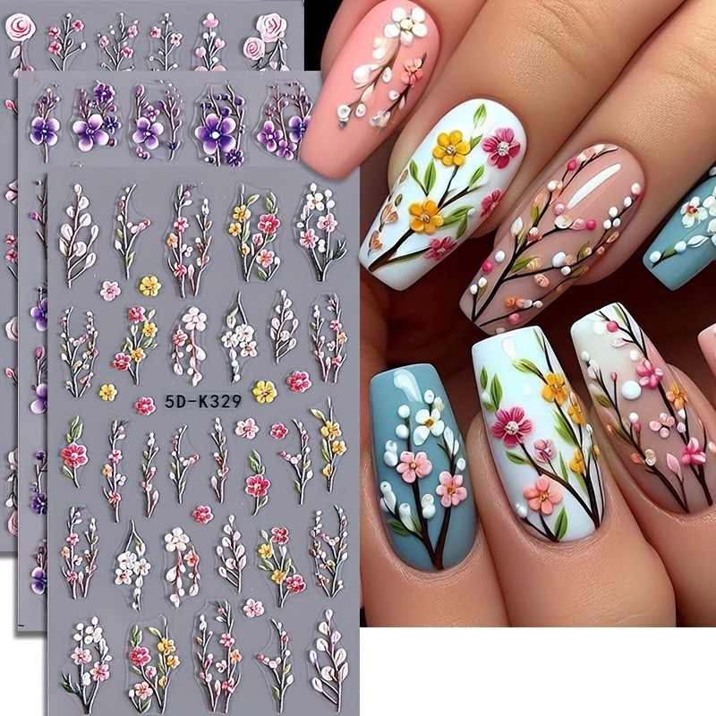 Trusted 3pcs 5D Embossed Floral Nail Art Stickers - Valentine's Day Rose & Daisy Designs, Self-Adhesive Love Heart Decals for DIY Manicure, Sparkle Finish, No Scent, Perfect for Women and Girls