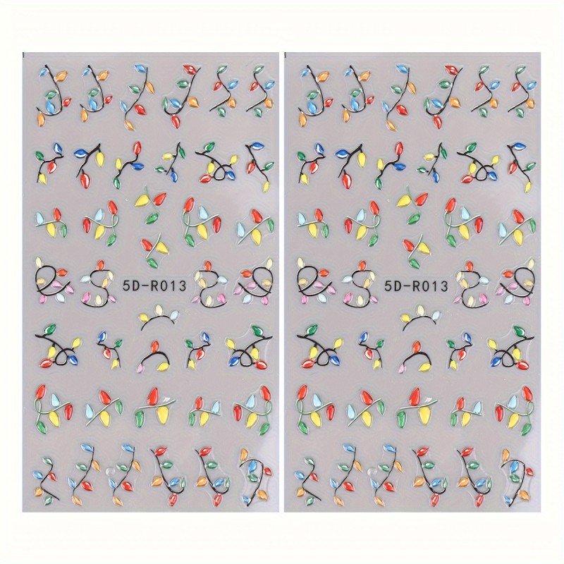5D Christmas Lights Nail Art Stickers Decals - Self-Adhesive Plastic Nail Embellishments, Glossy Finish, Fantasy Theme, Solid Pattern, Embroidered Look, Rectangle Shape for Nails Decoration (2 Sheets, Model 5D-R013+013)