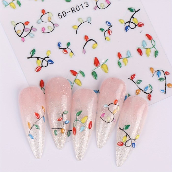 5D Christmas Lights Nail Art Stickers Decals - Self-Adhesive Plastic Nail Embellishments, Glossy Finish, Fantasy Theme, Solid Pattern, Embroidered Look, Rectangle Shape for Nails Decoration (2 Sheets, Model 5D-R013+013)