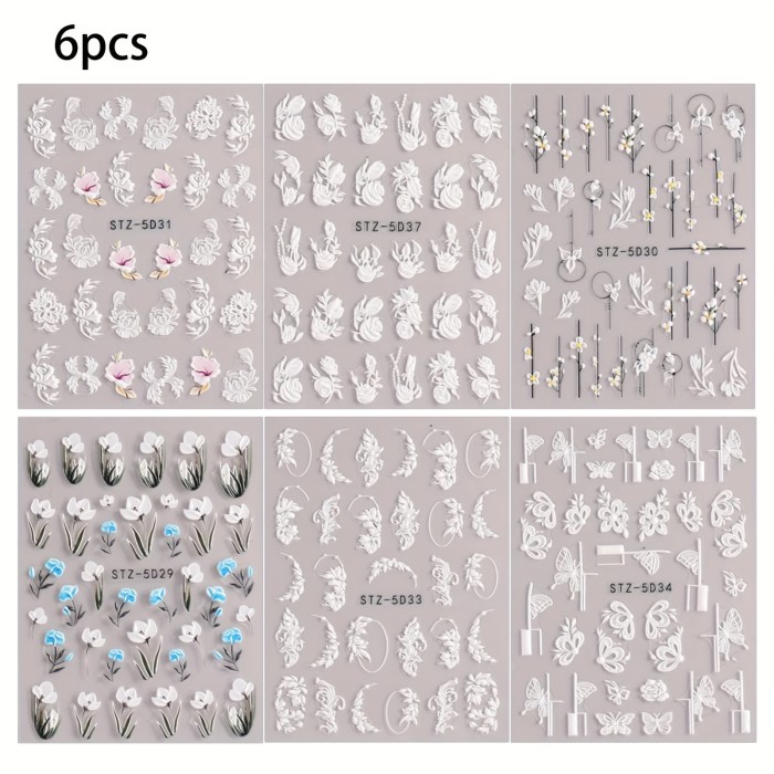6 Sheets\u002Fset, 5D Embossed Camellia Nail Art Stickers, Self Adhesive Flower Butterfly Nail Art Decals Set For Nail Art Decoration, Nail Art Supplies Easter
