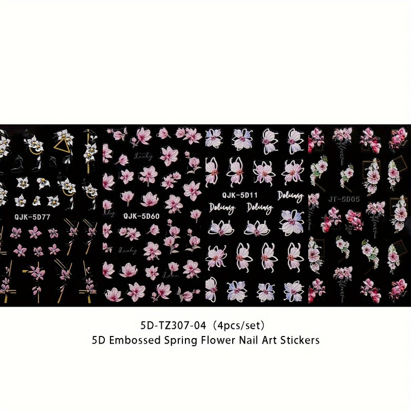 4 Sheet 5D Embossed Spring Flower Design Nail Art Stickers, Nail Art Decals For Nail Art Decoration, Self Adhesive Nail Art Supplies For Women And Girls Easter