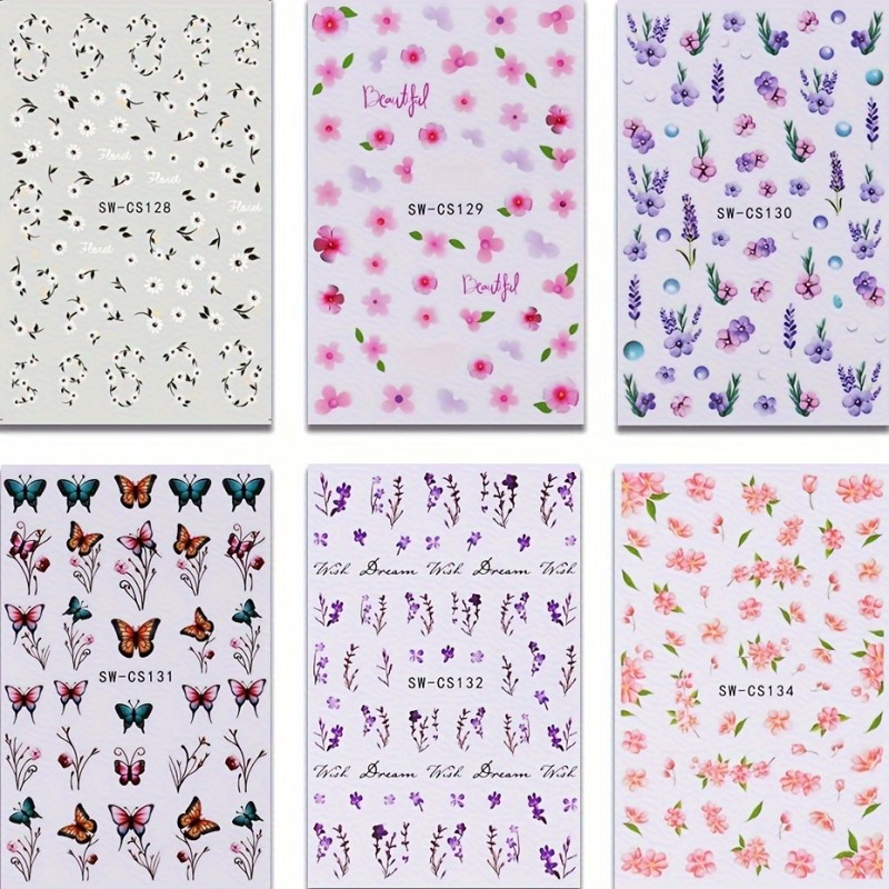 6Pcs Spring Flower Design Nail Stickers 3D Summer Butterfly Blooming Sliders Daisy Cherry Blossom Petal Manicure Decals