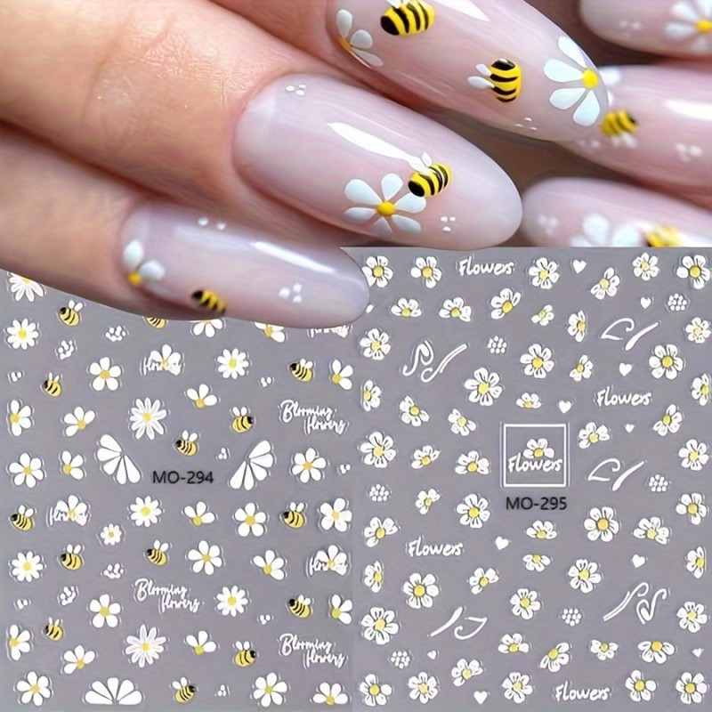 Bee & Daisy Nail Art Stickers 2-Pack, 3D Cartoon Floral Decals, Self-Adhesive Embroidered Plastic Nail Embellishments – Glossy Finish, Single Use Manicure Accessories for DIY Nail Decoration