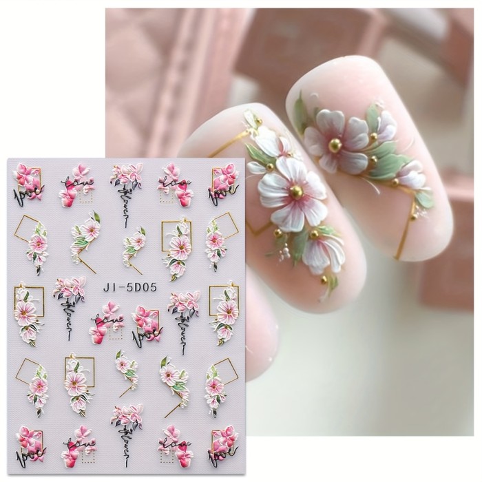 4 Sheet 5D Embossed Spring Flower Design Nail Art Stickers, Nail Art Decals For Nail Art Decoration, Self Adhesive Nail Art Supplies For Women And Girls Easter