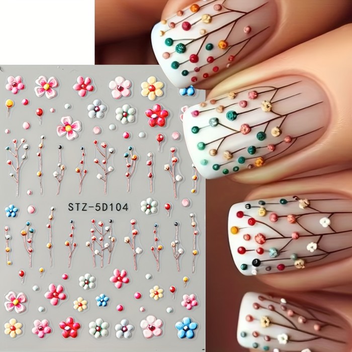 6pcs 5D Embossed Daisy Design Nail Art Sticker Set, 3D Acrylic Sanding Colorful Floral Decals, Self-Adhesive Nail Art Supplies For Women And Girls, DIY Manicure Supplies