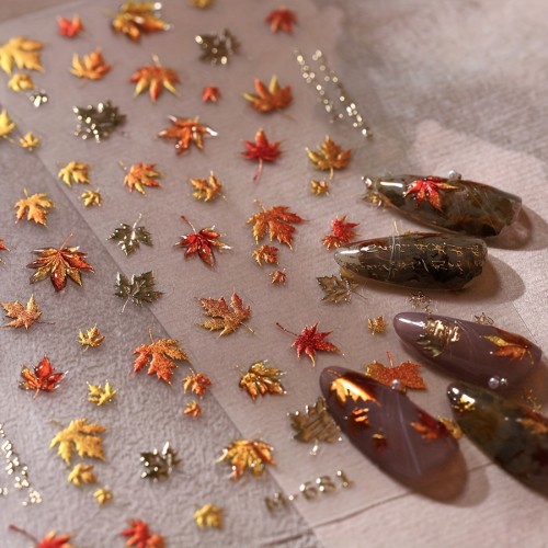 Autumn Leaves Nail Art Stickers, Embossed 3D Jelly Craft, Self-Adhesive Polyurethane Decals, Glossy Finish, Anime Themed, Floral Pattern, Single Use, for Manicure and Pedicure, Unscented