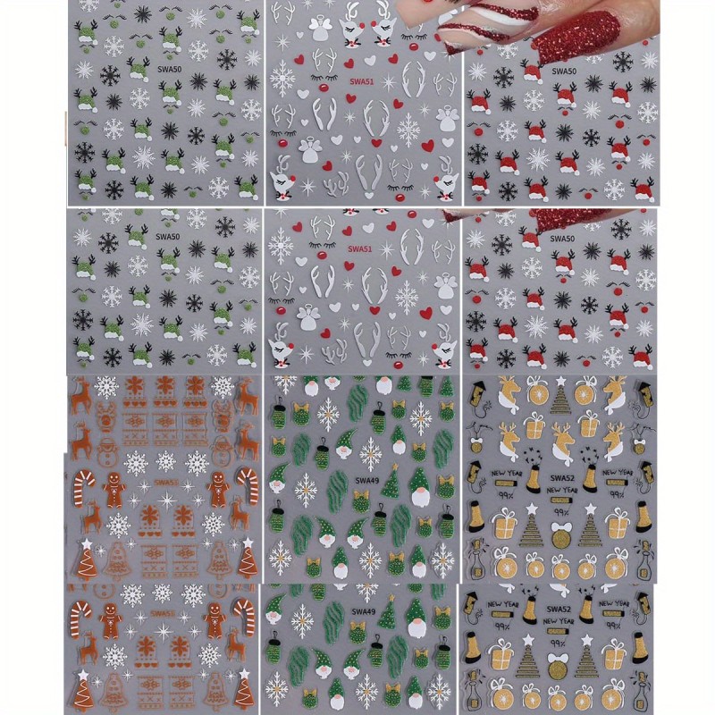 12 Sheets Christmas Nail Stickers, Winter Nail Decals 3D Self-Adhesive Red Green Snowflake Bell Xmas Tree Reindeer Winter Nail Design Holiday Nail Art Decoration for Women Girls