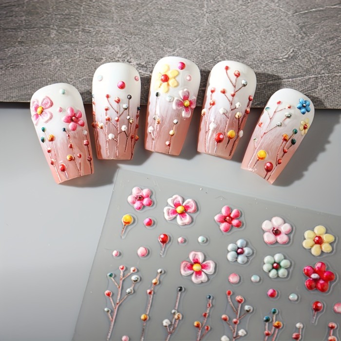 6pcs 5D Embossed Daisy Design Nail Art Sticker Set, 3D Acrylic Sanding Colorful Floral Decals, Self-Adhesive Nail Art Supplies For Women And Girls, DIY Manicure Supplies