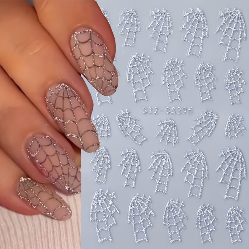 Halloween Nail Sticker Set-4 Self-adhesive 3D Acrylic Decals With Cobwebs, Hearts, Geometric Patterns-shiny Cartoon-themed Nail Decorations For Ladies And Girls-one-time Salon Quality Nail Accessories