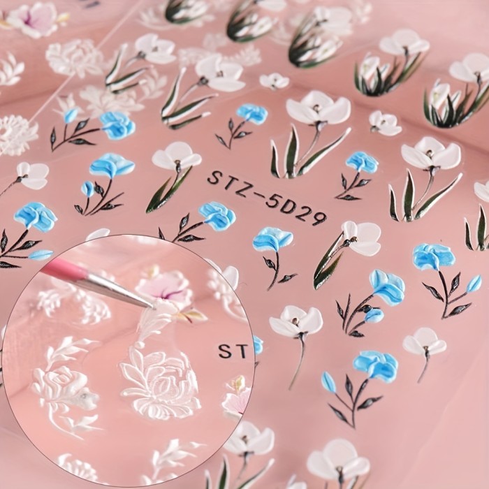 6 Sheets\u002Fset, 5D Embossed Camellia Nail Art Stickers, Self Adhesive Flower Butterfly Nail Art Decals Set For Nail Art Decoration, Nail Art Supplies Easter