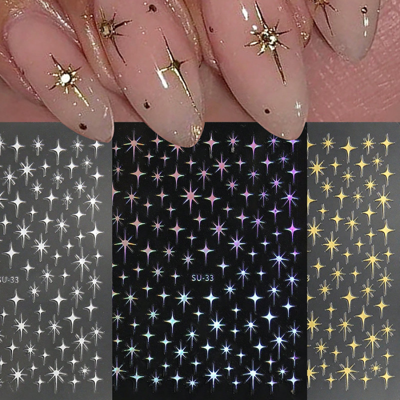 3 Pcs 3D Metal Laser Golden Starburst Nail Stickers - Y2K Nail Art Tips for Manicure and French Nail Art Decoration