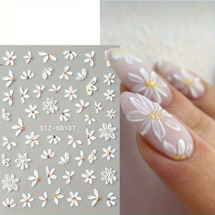 6pcs 5D Embossed Daisy Design Nail Art Sticker Set, 3D Acrylic Sanding Colorful Floral Decals, Self-Adhesive Nail Art Supplies For Women And Girls, DIY Manicure Supplies