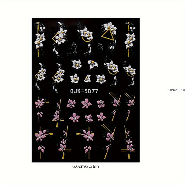 4 Sheet 5D Embossed Spring Flower Design Nail Art Stickers, Nail Art Decals For Nail Art Decoration, Self Adhesive Nail Art Supplies For Women And Girls Easter