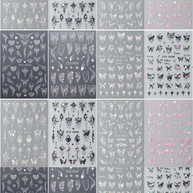 16pcs Metallic Silver Butterfly Nail Stickers 3D Laser Black Butterfly Nail Decals Aurora Butterfly Nail Art Stickers Pink Butterfly Stickers for Nails DIY Butterflies Nail Sticker Women Nail Supplies