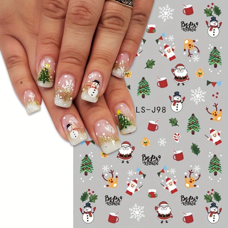 9 Sheet Christmas Nail Art Stickers, Santa Claus Snowflake Elk Christmas Tree Design Nail Art Decals, Self Adhesive Cartoon Nail Art Supplies For Women And Girls Gifts For Family
