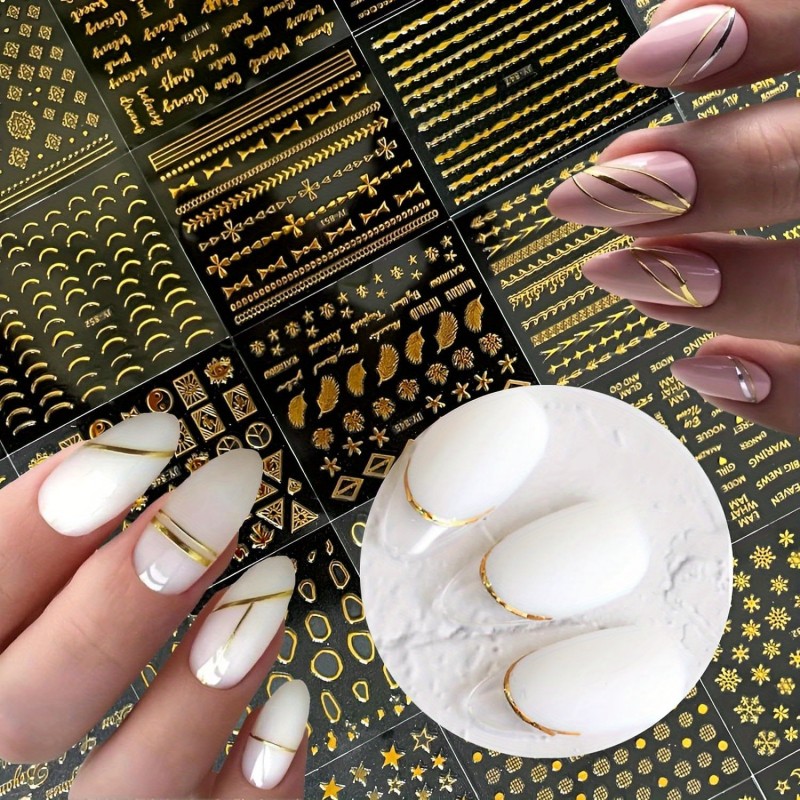 30 Sheets Golden Nail Art Stickers 3D Self-Adhesive Nail Decals Golden Line Star Nail Stickers For Acrylic Nails Golden Leaf Nail Supplies For Women
