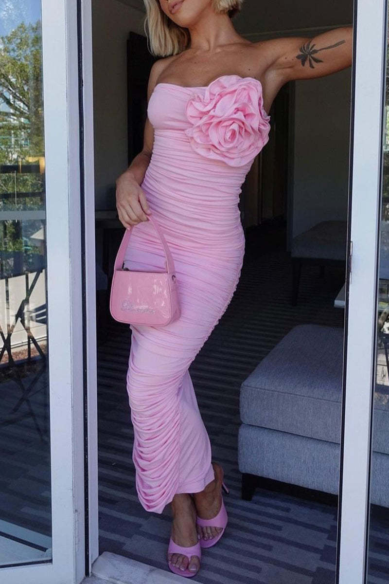Sexy Solid Color Ruched Flower Shape Strapless Strapless Dresses main image 1