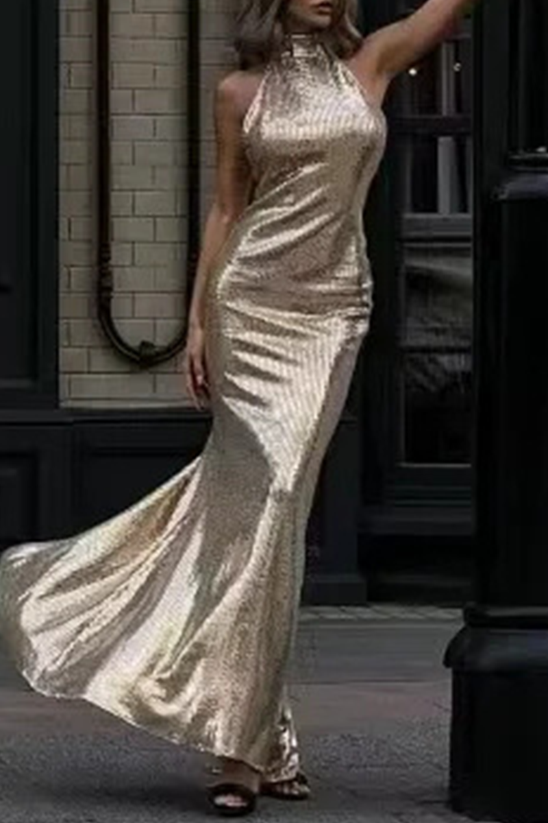 Casual Solid Backless Slit Contrast Halter One Step Skirt Dresses