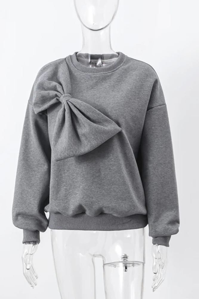 Casual Solid Color Bow Decor O Neck Sweatshirt