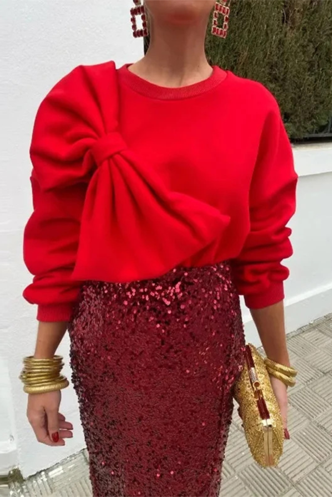 Casual Solid Color Bow Decor O Neck Sweatshirt