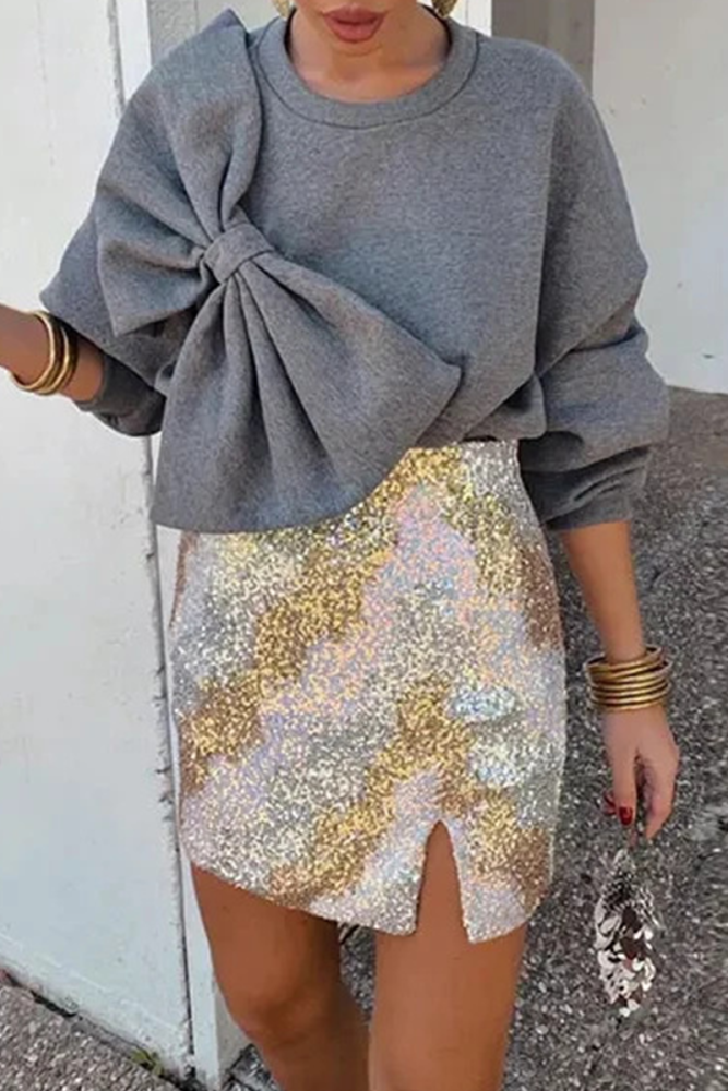 Casual Solid Color Bow Decor O Neck Sweatshirt